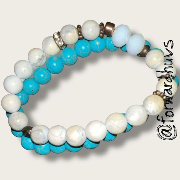 Bundle Sale 3 for $15 | Two Faux Turquoise Stretch Bracelets – Blue & White Buff - Picture 5 of 7